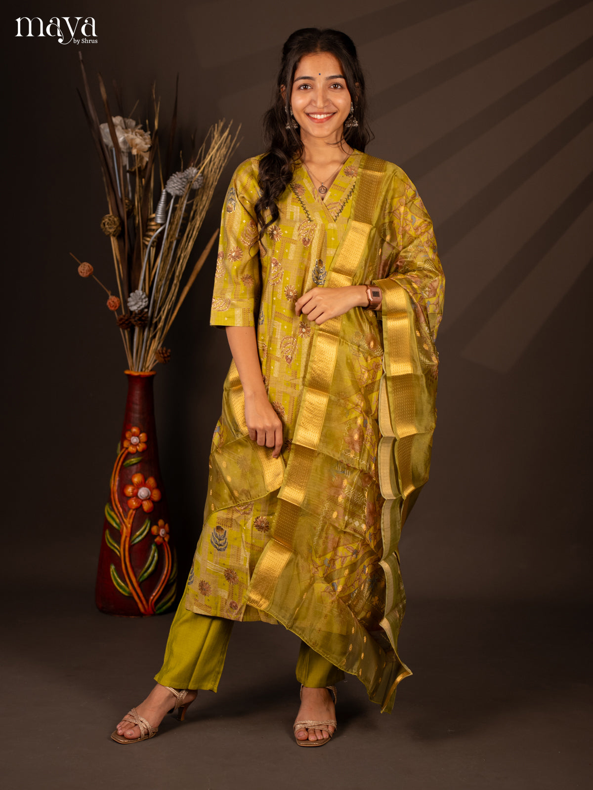 Green Rayon 3 Pc Salwar With Floral Print - Top, Bottom & Dupatta - Shop on Shrus.com