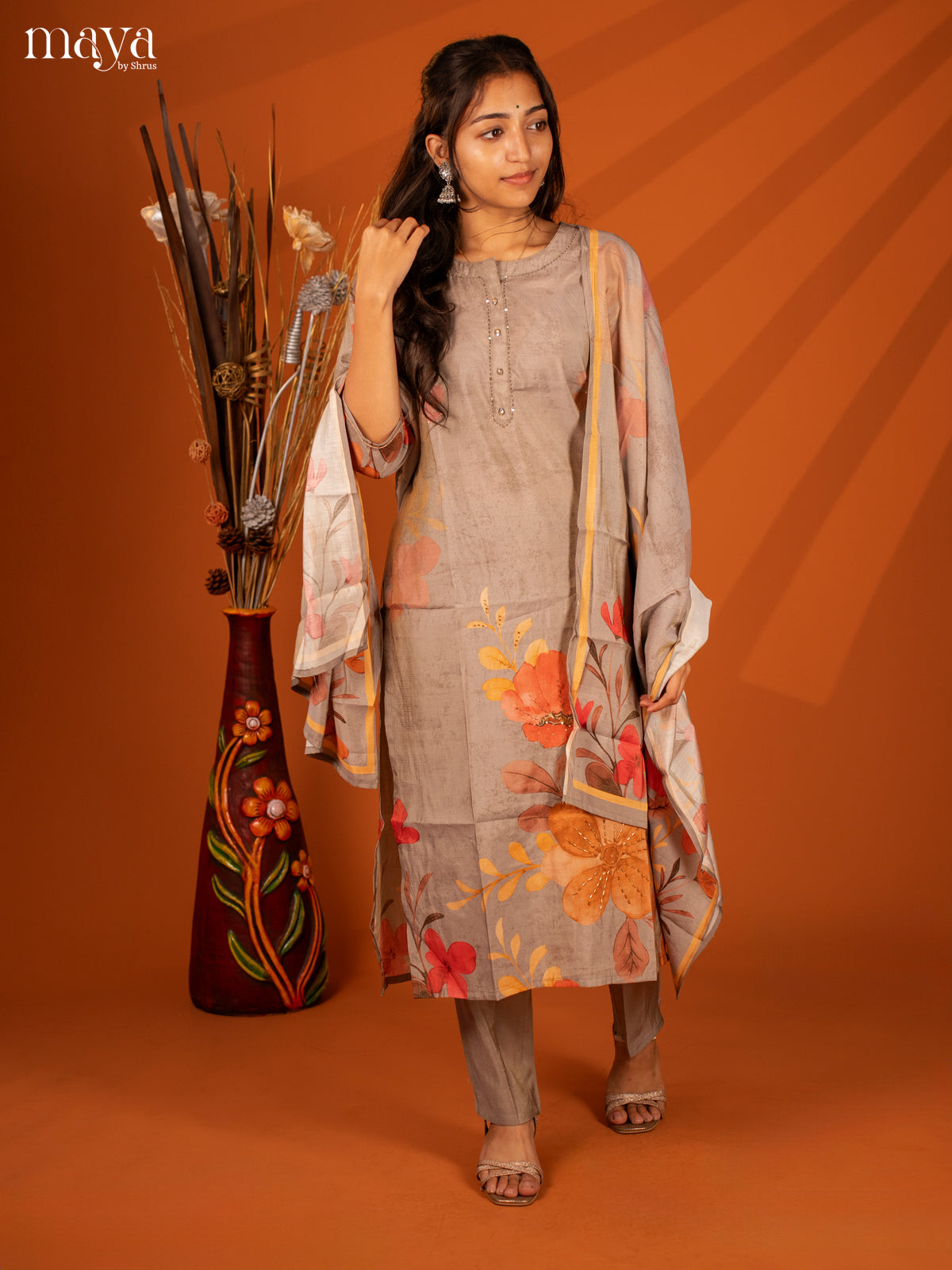 Embroidered Rayon Grey 3Pc Salwar Suit- Top, Bottom & Duptta - Shop on Shrus.com