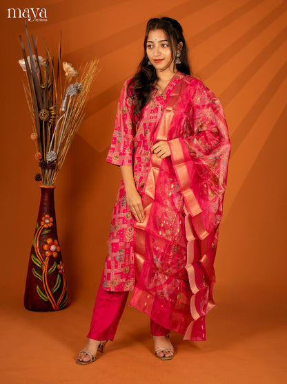 Pink Cotton 3 Pc Salwar With Floral Print - Top, Bottom & Dupatta - Shop on Shrus.com
