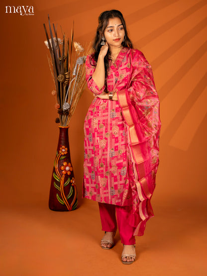 Pink Cotton 3 Pc Salwar With Floral Print - Top, Bottom & Dupatta - Shop on Shrus.com
