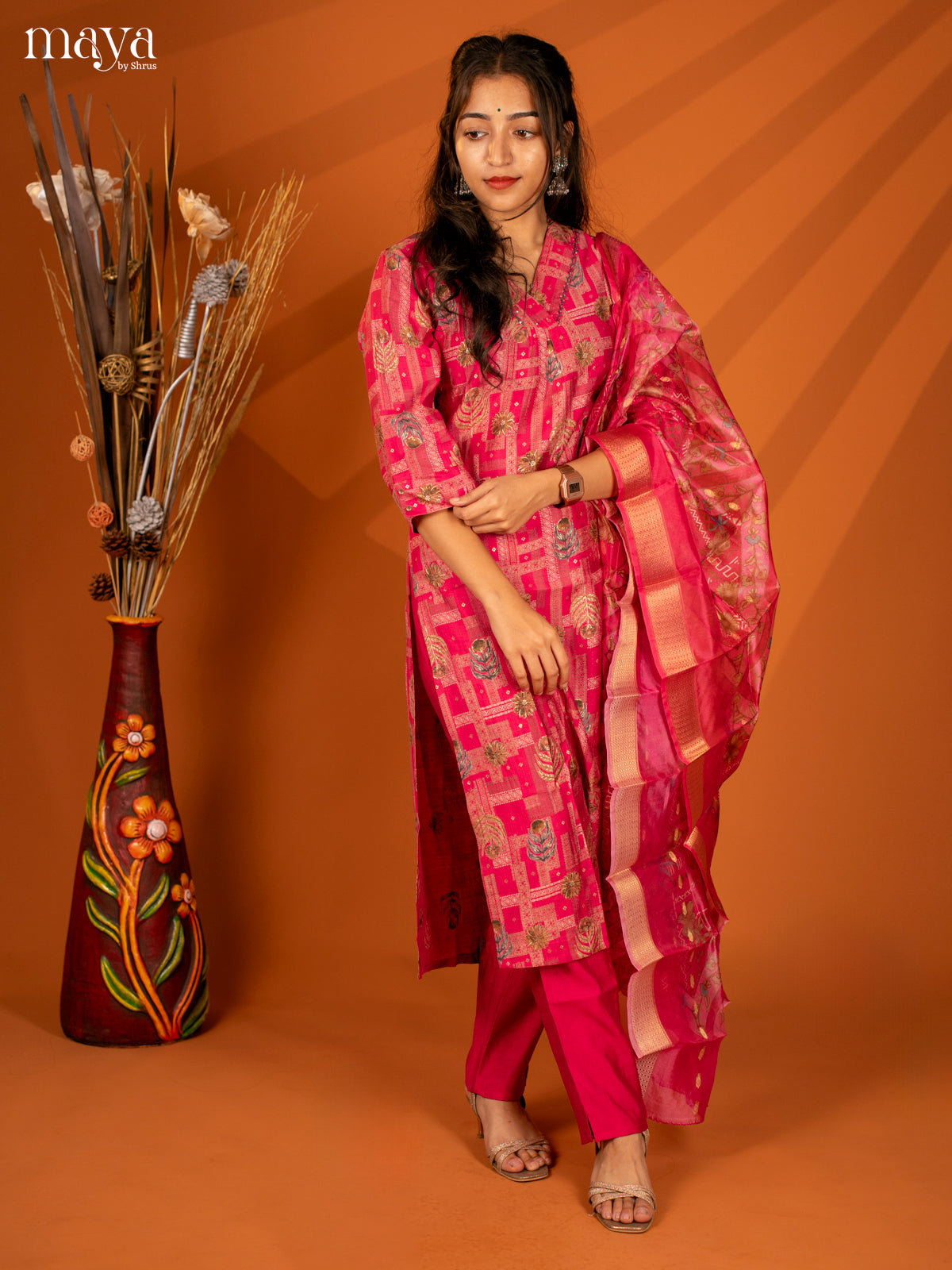 Pink Cotton 3 Pc Salwar With Floral Print - Top, Bottom & Dupatta - Shop on Shrus.com
