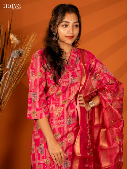 Pink Cotton 3 Pc Salwar With Floral Print - Top, Bottom & Dupatta - Shop on Shrus.com