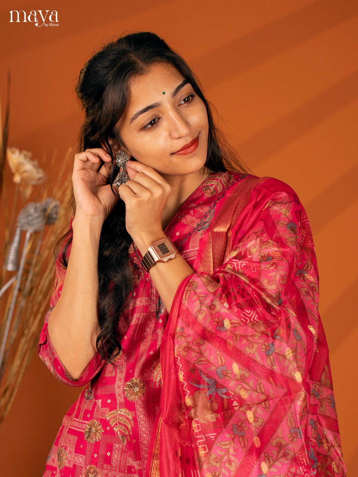 Pink Cotton 3 Pc Salwar With Floral Print - Top, Bottom & Dupatta - Shop on Shrus.com
