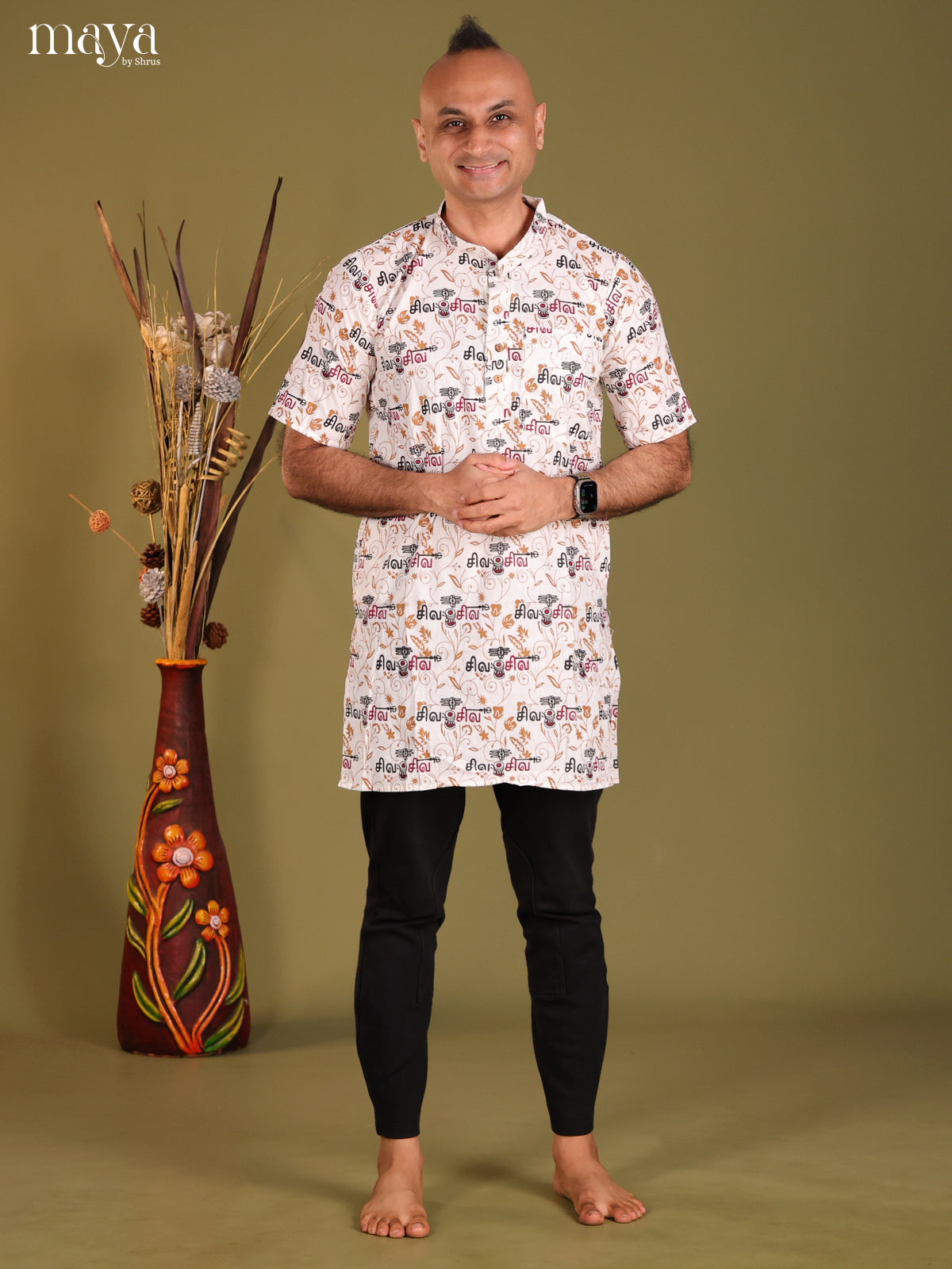 White Cotton Divine Printed Short Men Kurta - Shop on Shrus.com