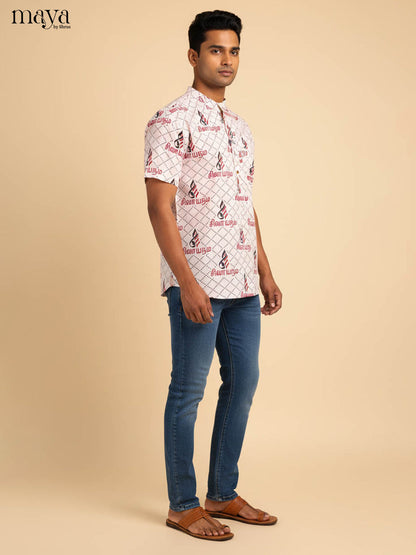 White Cotton Divine Printed Short Men Kurta