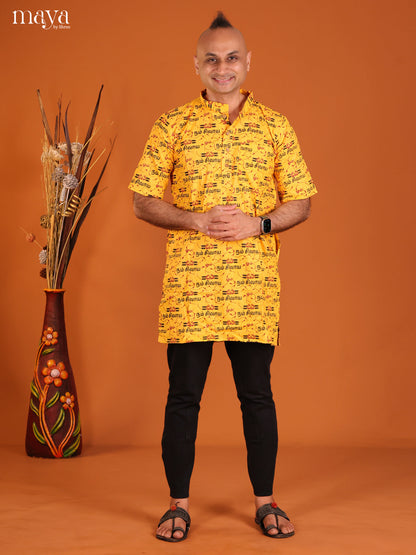 Yellow Cotton Divine Printed Short Men Kurta - Shop on Shrus.com