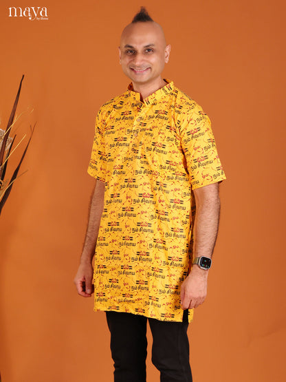 Yellow Cotton Divine Printed Short Men Kurta - Shop on Shrus.com
