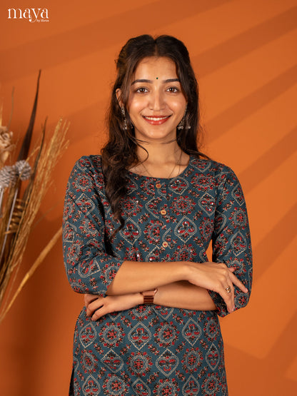 Blue Ajrakh Printed Cotton Kurti - Shop on Shrus.com
