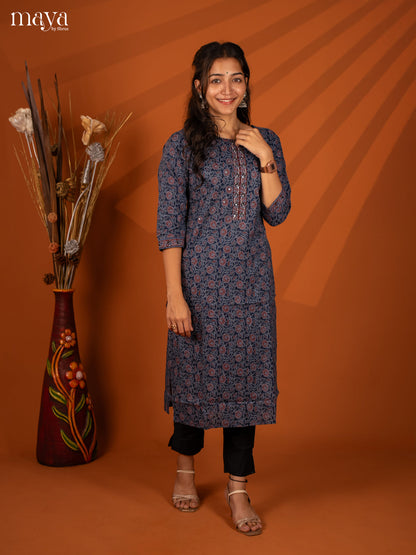 Blue Block Printed Cotton Kurti - Shop on Shrus.com