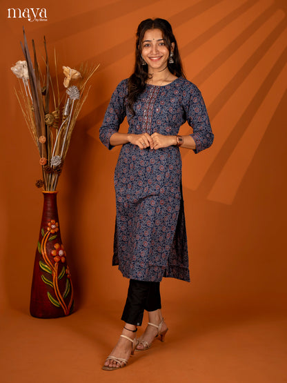 Blue Block Printed Cotton Kurti - Shop on Shrus.com