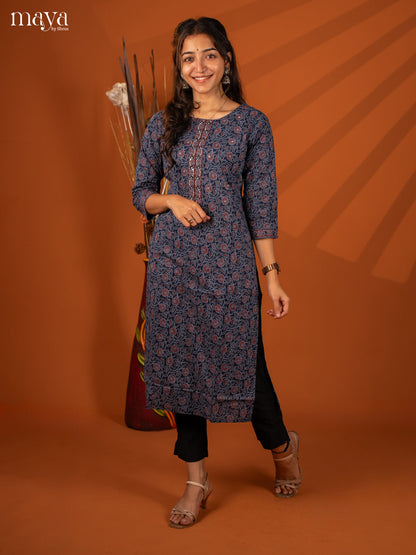 Blue Block Printed Cotton Kurti - Shop on Shrus.com