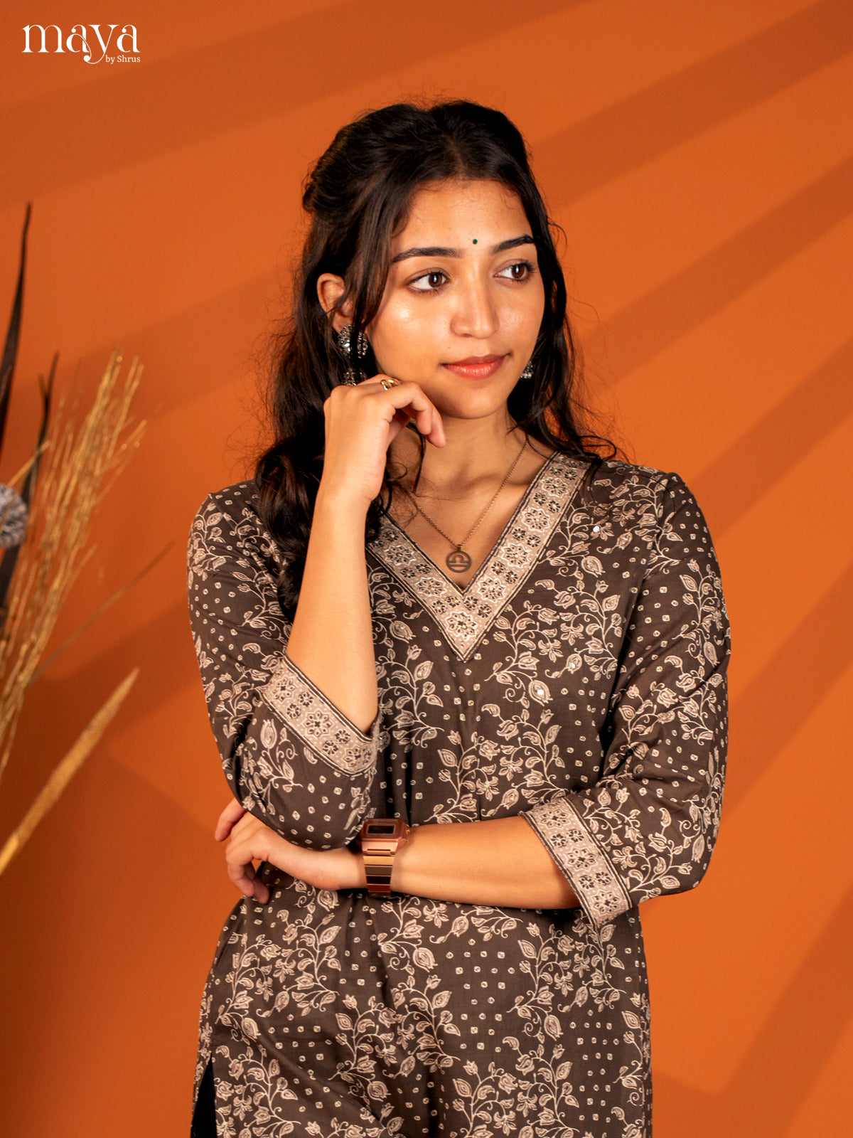 Brown Floral Printed Cotton Kurti - Shop on Shrus.com