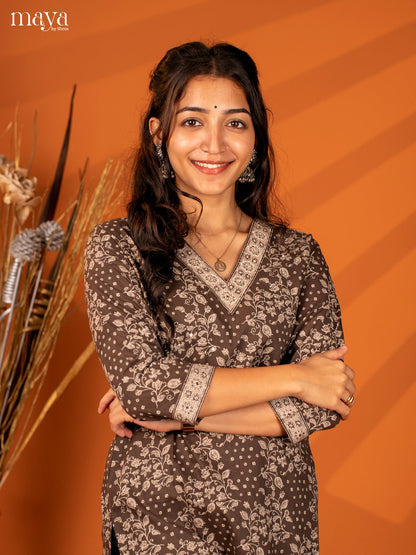 Brown Floral Printed Cotton Kurti - Shop on Shrus.com