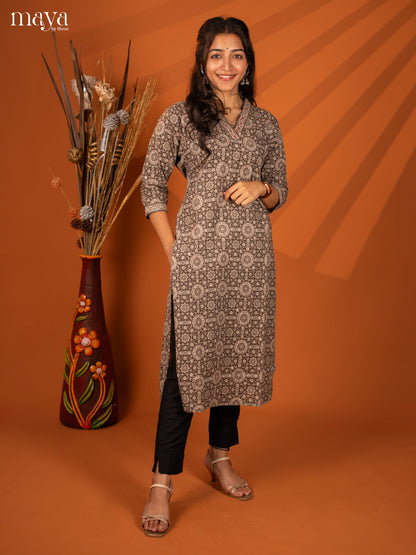 Brown Block Printed Cotton Kurti - Shop on Shrus.com