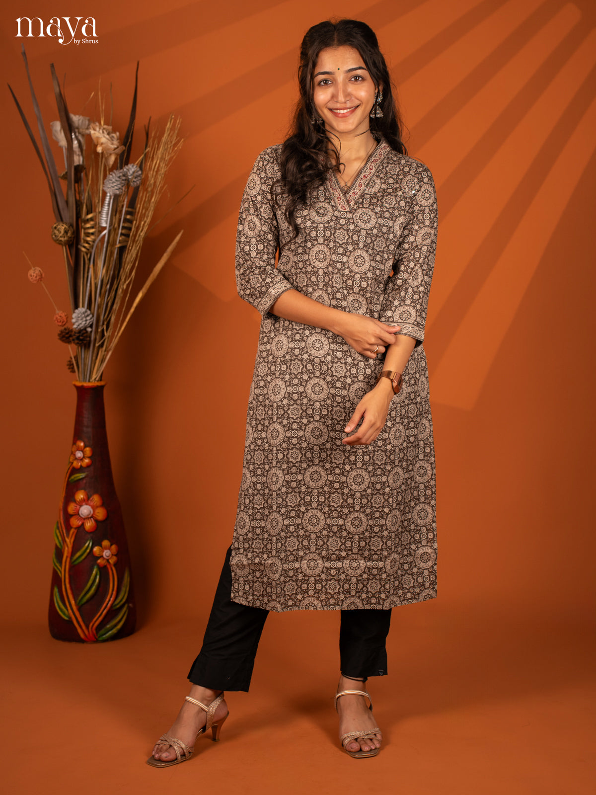 Brown Block Printed Cotton Kurti - Shop on Shrus.com