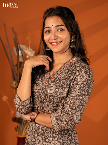Brown Block Printed Cotton Kurti - Shop on Shrus.com