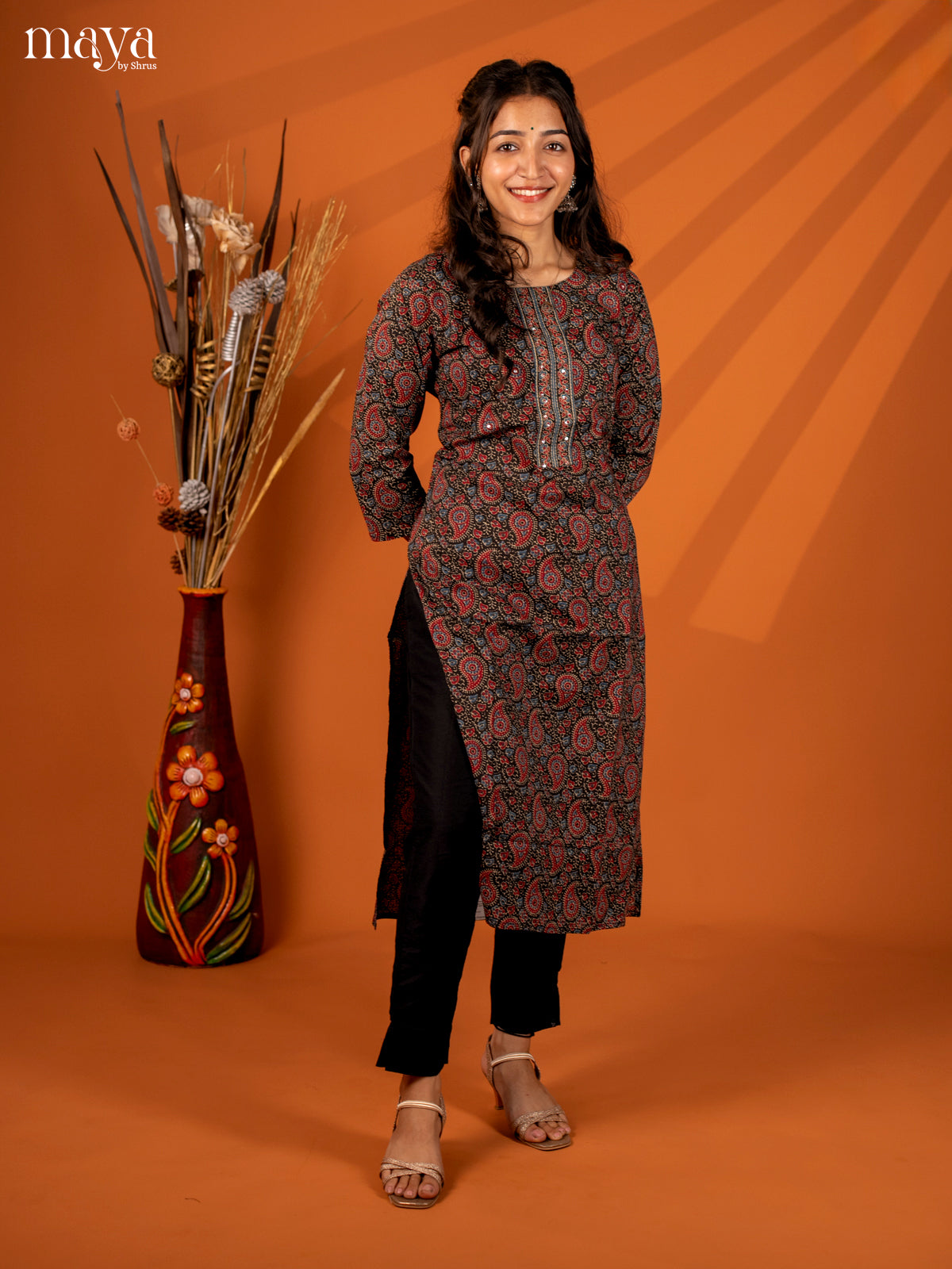 Black Ajrakh Printed Cotton Kurti - Shop on Shrus.com