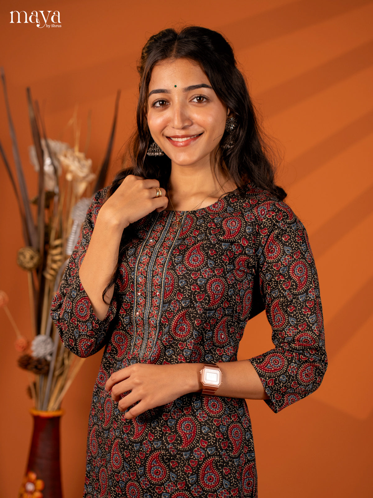 Black Ajrakh Printed Cotton Kurti - Shop on Shrus.com
