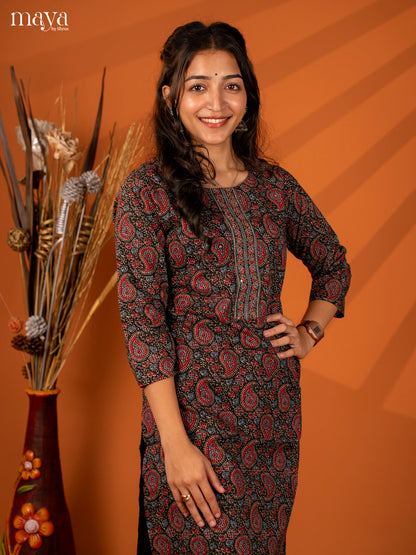 Black Ajrakh Printed Cotton Kurti - Shop on Shrus.com