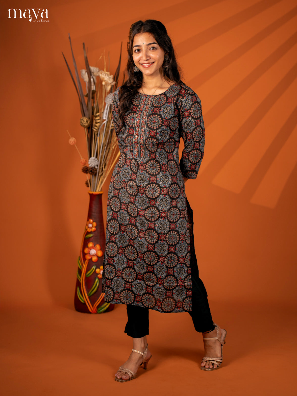 Black Ajrakh Printed Cotton Kurti - Shop on Shrus.com