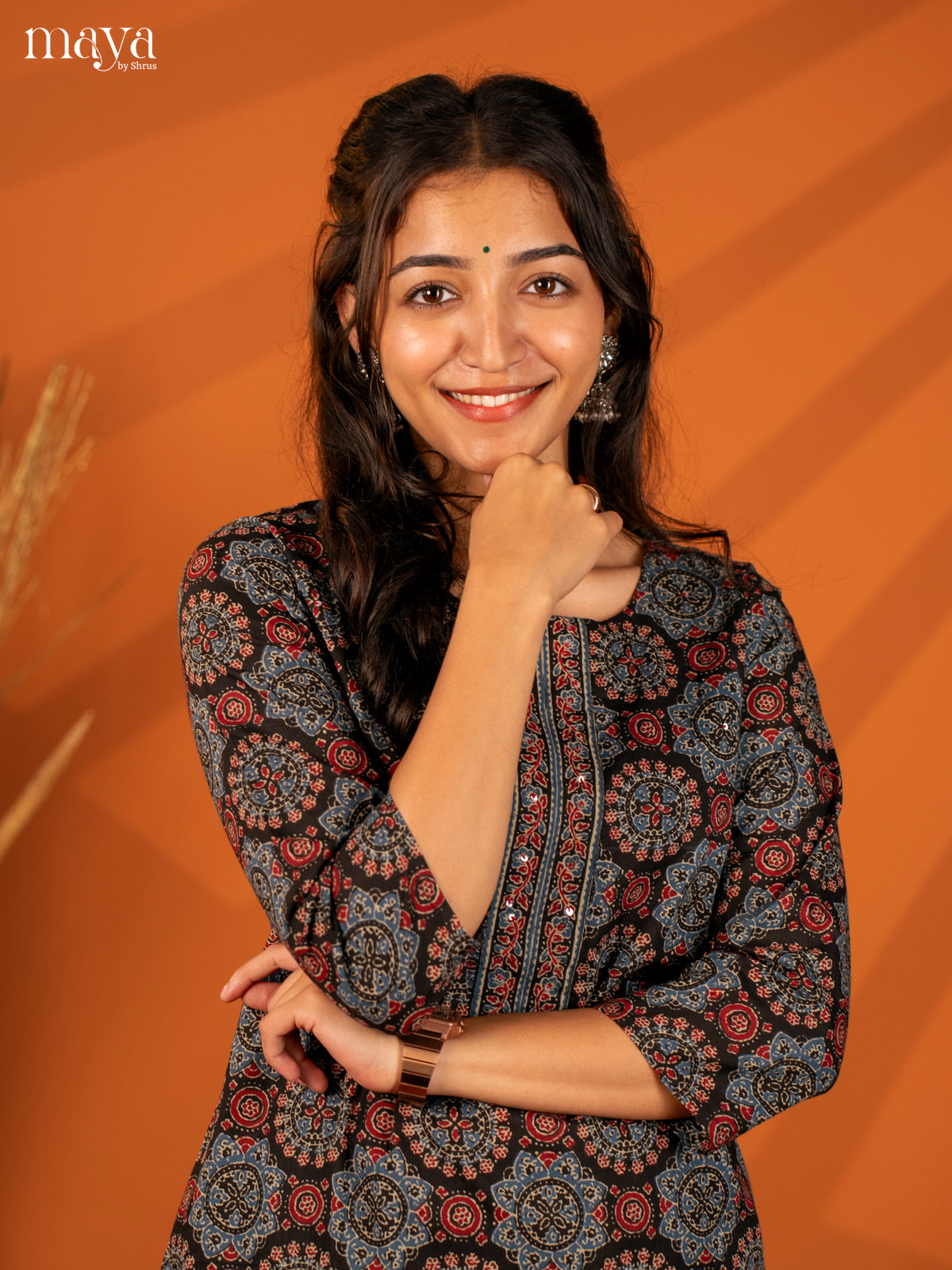 Black Ajrakh Printed Cotton Kurti - Shop on Shrus.com