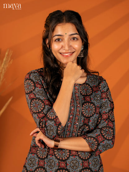 Black Ajrakh Printed Cotton Kurti - Shop on Shrus.com