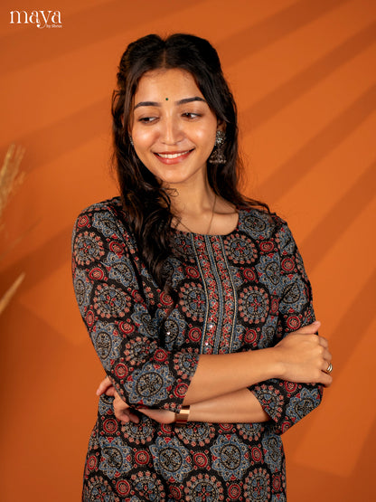 Black Ajrakh Printed Cotton Kurti - Shop on Shrus.com