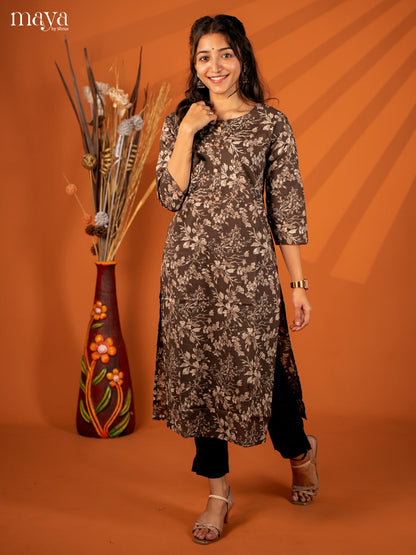 Brown Floral Printed Cotton Kurti - Shop on Shrus.com