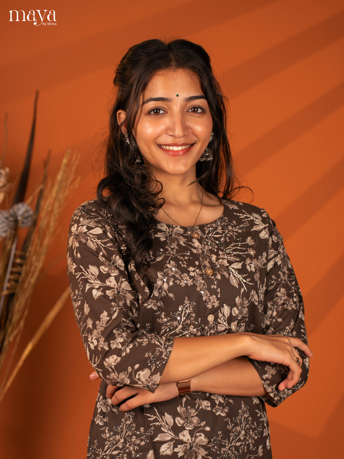 Brown Floral Printed Cotton Kurti - Shop on Shrus.com