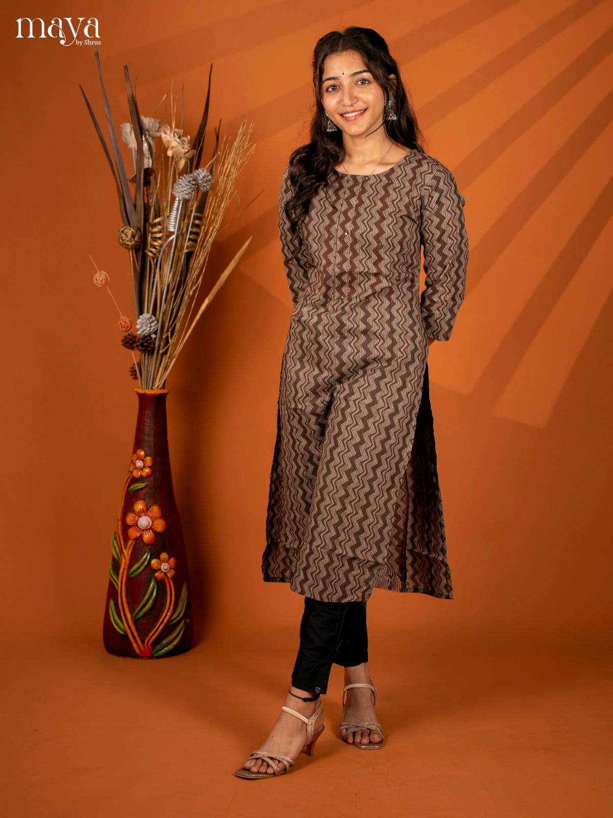 Brown Ajrakh Printed Cotton Kurti - Shop on Shrus.com