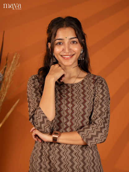 Brown Ajrakh Printed Cotton Kurti - Shop on Shrus.com