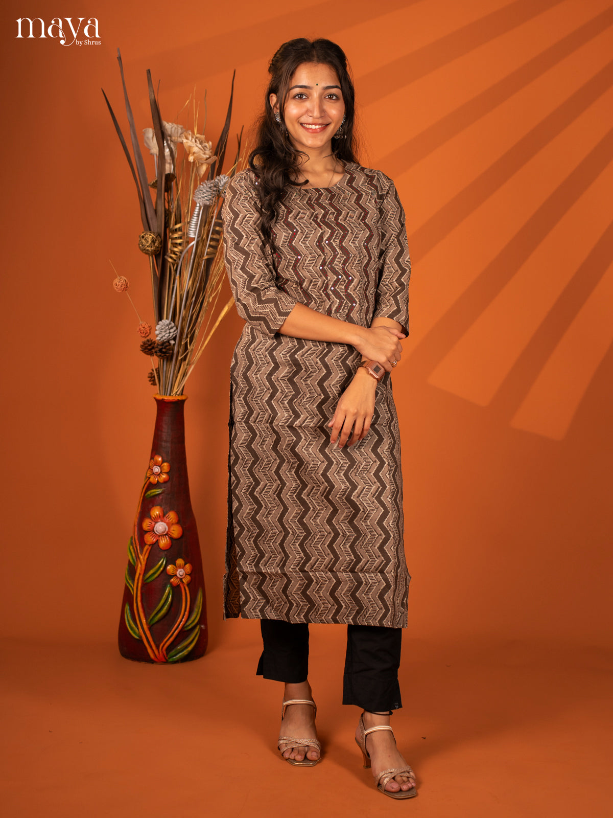 Brown Ajrakh Printed Cotton Kurti - Shop on Shrus.com