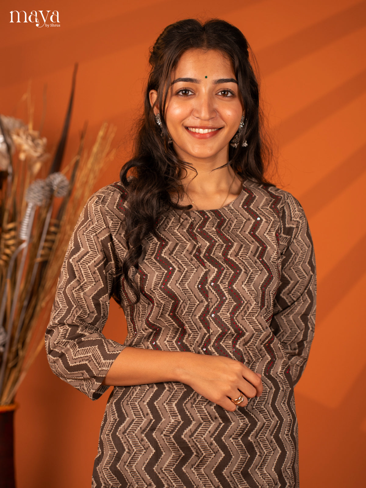 Brown Ajrakh Printed Cotton Kurti - Shop on Shrus.com