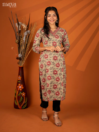 Brown Floral Printed Cotton Kurti - Shop on Shrus.com