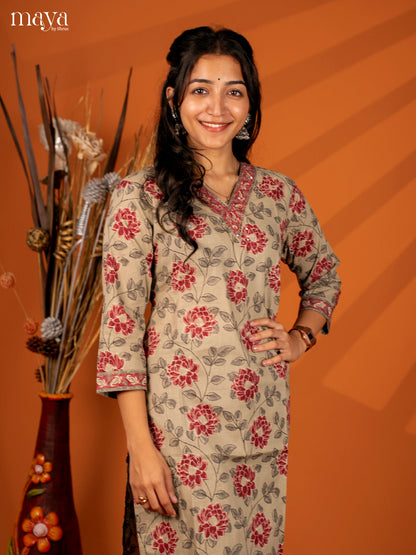 Brown Floral Printed Cotton Kurti - Shop on Shrus.com