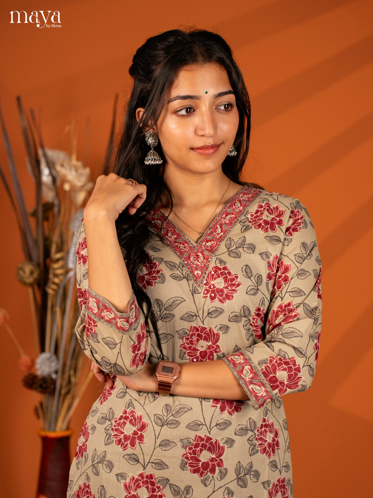 Brown Floral Printed Cotton Kurti - Shop on Shrus.com
