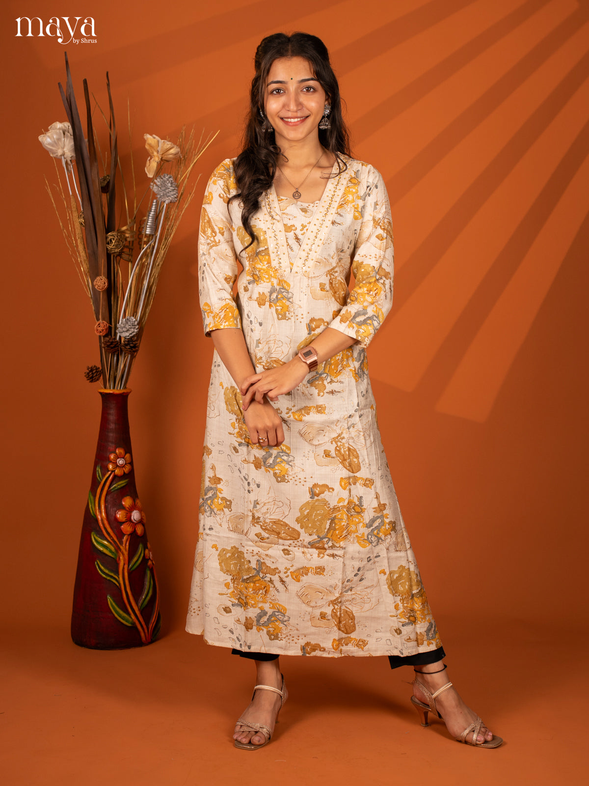 Cream with Yellow Printed Rayon Kurti - Shop on Shrus.com