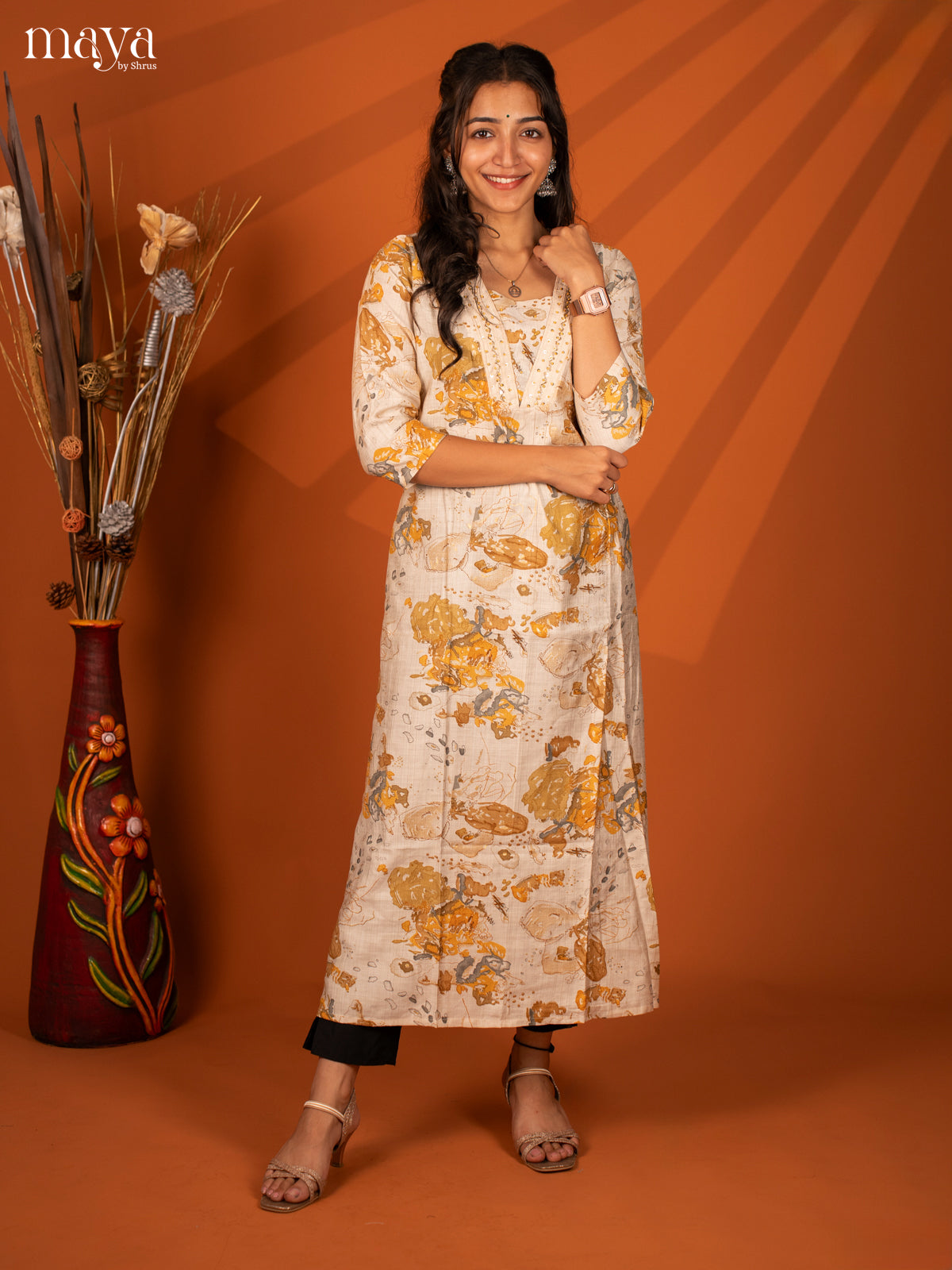 Cream with Yellow Printed Rayon Kurti - Shop on Shrus.com