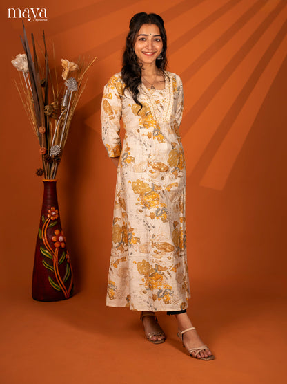 Cream with Yellow Printed Rayon Kurti - Shop on Shrus.com