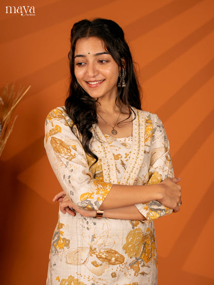 Cream with Yellow Printed Rayon Kurti - Shop on Shrus.com