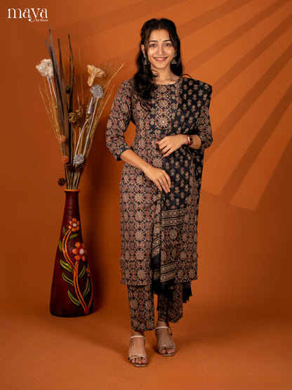 Black Cotton 3Pc Salwar with Ajrakh Print - Top, Bottom & Dupatta - Shop on Shrus.com