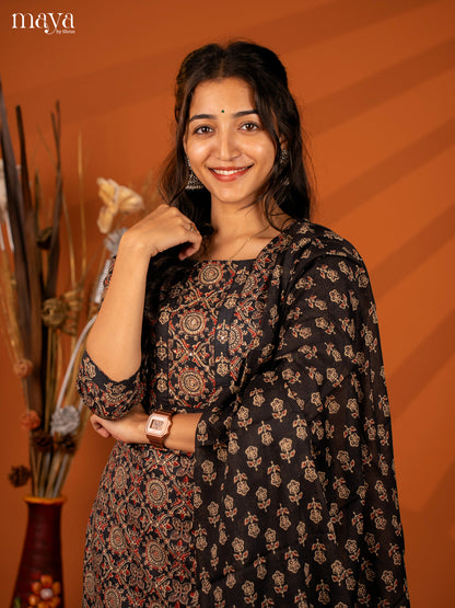 Black Cotton 3Pc Salwar with Ajrakh Print - Top, Bottom & Dupatta - Shop on Shrus.com