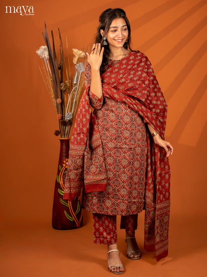 Brown Cotton 3PC Salwar with Block Print - Top, Bottom & Dupatta - Shop on Shrus.com