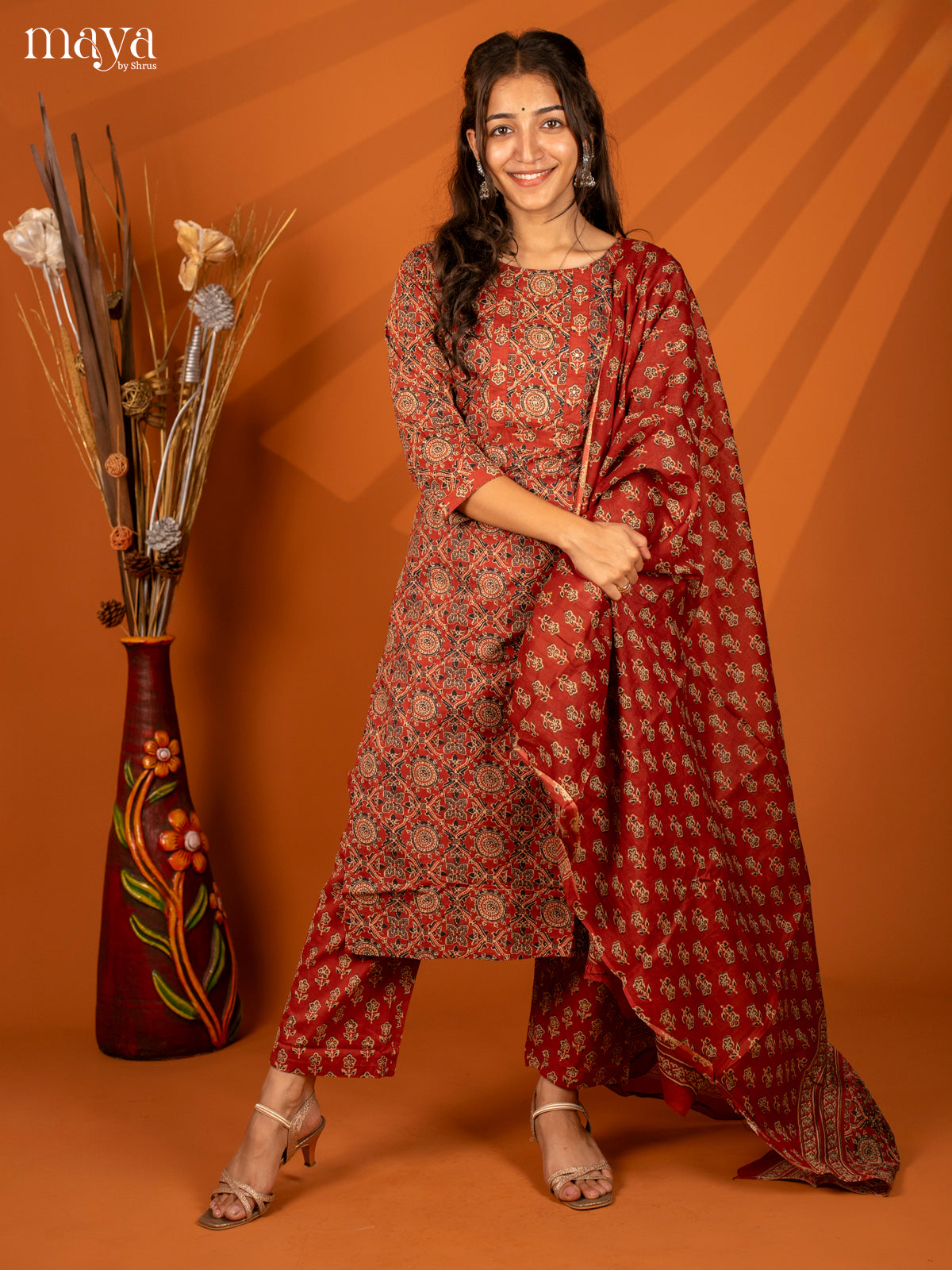 Brown Cotton 3PC Salwar with Block Print - Top, Bottom & Dupatta - Shop on Shrus.com