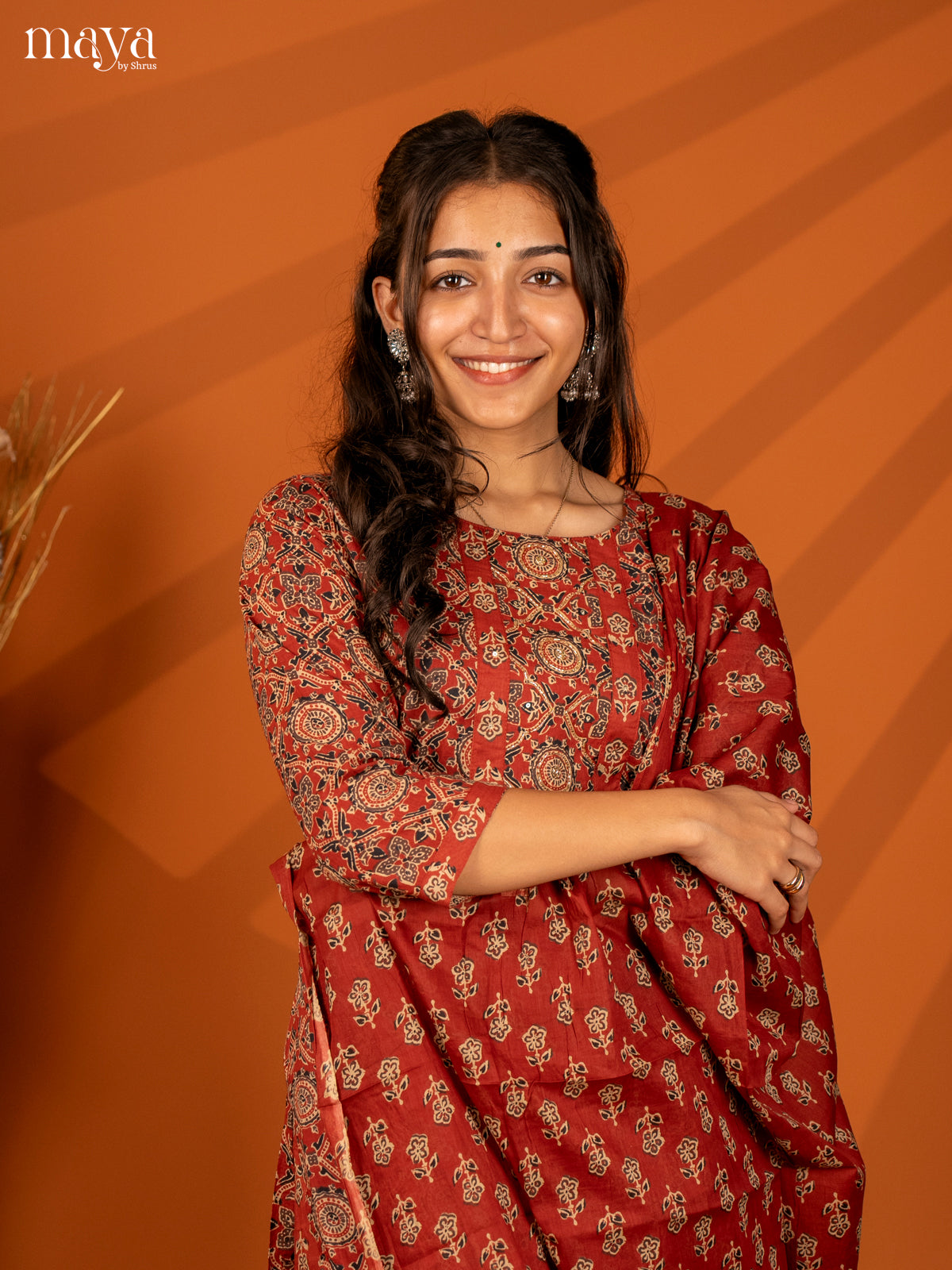 Brown Cotton 3PC Salwar with Block Print - Top, Bottom & Dupatta - Shop on Shrus.com