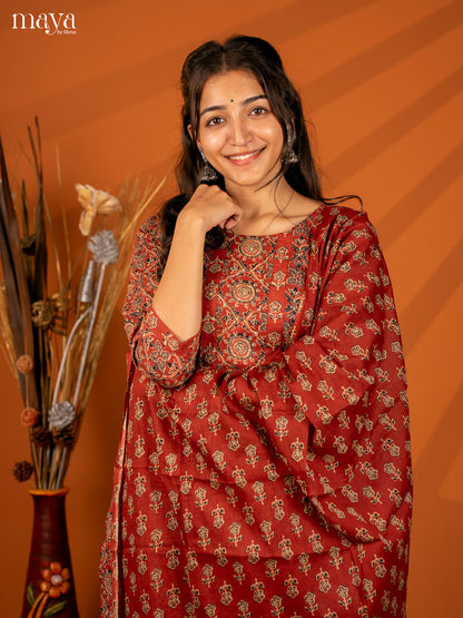 Brown Cotton 3PC Salwar with Block Print - Top, Bottom & Dupatta - Shop on Shrus.com