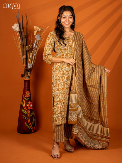 Brown Cotton 3PC Salwar with Block Print - Top, Bottom & Dupatta - Shop on Shrus.com