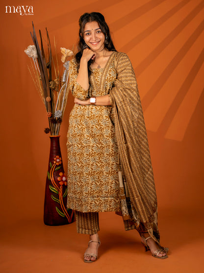 Brown Cotton 3PC Salwar with Block Print - Top, Bottom & Dupatta - Shop on Shrus.com