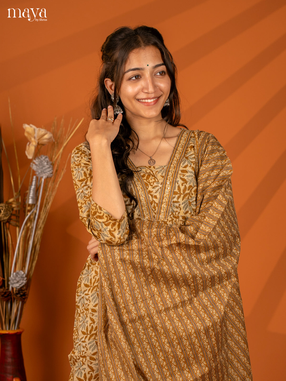 Brown Cotton 3PC Salwar with Block Print - Top, Bottom & Dupatta - Shop on Shrus.com