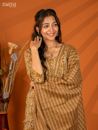 Brown Cotton 3PC Salwar with Block Print - Top, Bottom & Dupatta - Shop on Shrus.com